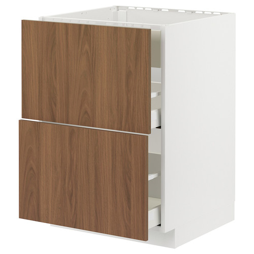 METOD/MAXIMERA Base cab f hob/int extractor w drw, white/Tistorp brown walnut effect, 60x60 cm