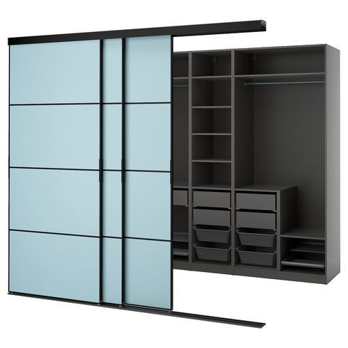 PAX/SKYTTA Walk-in wardrobe with sliding doors, black dark grey/Mehamn light blue, 276x160x240 cm