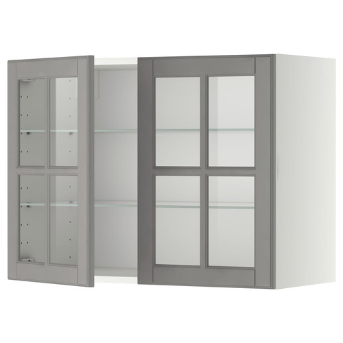 METOD Wall cabinet w shelves/2 glass drs, white/Bodbyn grey, 80x60 cm