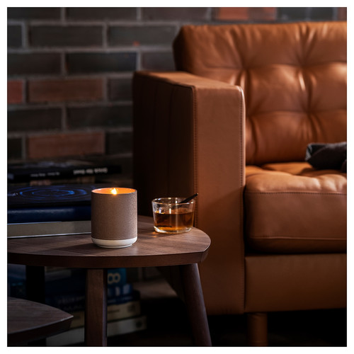 SILKESTRÄD Scented candle in ceramic jar, leather & vanilla/brown, 45 hr