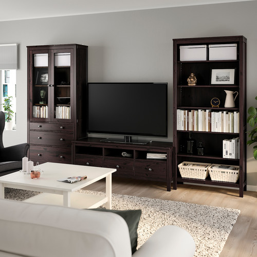 HEMNES TV storage combination, black-brown, clear glass, 326x197 cm