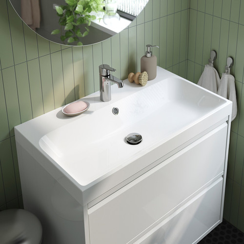 ÄNGSJÖN / BACKSJÖN Wash-stnd w drawers/wash-basin/tap, high-gloss white, 80x48x69 cm