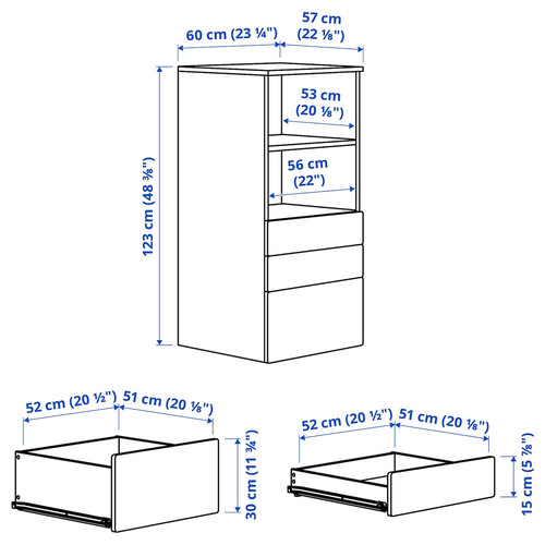 SMÅSTAD / PLATSA Bookcase, white lilac/with 3 drawers, 60x57x123 cm