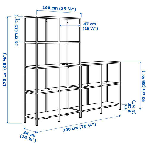 VITTSJÖ Storage combination, black-brown/glass, 200x36x175 cm