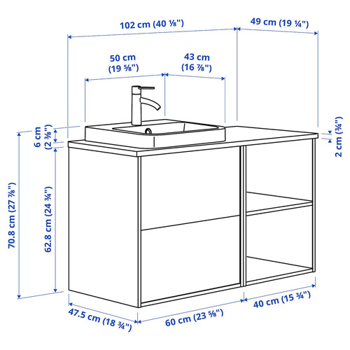 ÄNGSJÖN / BACKSJÖN Wash-stand/wash-basin/tap, brown oak effect/grey stone effect, 102x49x71 cm