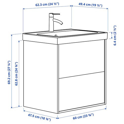 ÄNGSJÖN / ORRSJÖN Wash-stnd w drawers/wash-basin/tap, high-gloss white, 62x49x69 cm