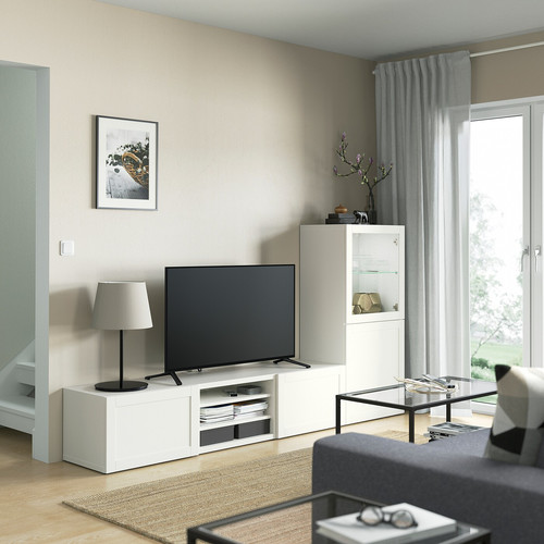BESTÅ TV storage combination/glass doors, white/Hanviken white clear glass, 240x42x129 cm