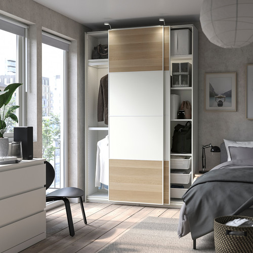 PAX / MEHAMN Wardrobe combination, white/double sided white stained oak effect, 150x44x236 cm