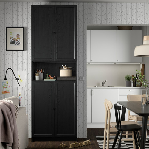 BILLY / OXBERG Bookcase w doors/ext unit, black oak effect, 80x30x237 cm