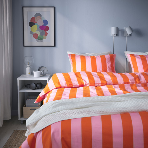 SLÅNHÖSTMAL Duvet cover and 2 pillowcases, orange/pink/striped, 200x200/50x60 cm