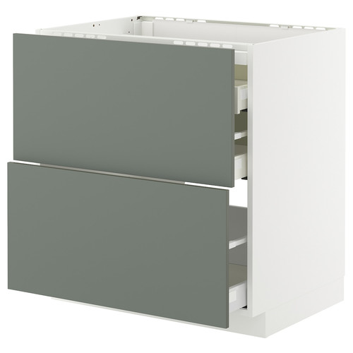 METOD / MAXIMERA Base cab f hob/2 fronts/3 drawers, white/Nickebo matt grey-green, 80x60 cm