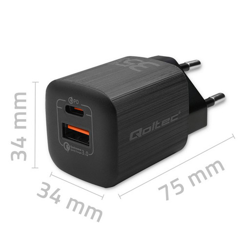 Qoltec Wall Charger EU Plug GaN ULTRA 35W 5V 20V, 2.25A 3A, USB C