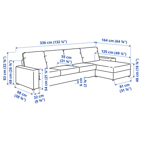 VIMLE 4-seat sofa with chaise longue, with wide armrests/Saxemara light blue