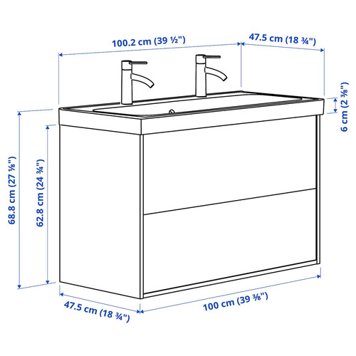 ÄNGSJÖN / BACKSJÖN Wash-stnd w drawers/wash-basin/taps, high-gloss white, 100x48x69 cm