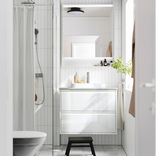 ÄNGSJÖN / BACKSJÖN Wash-stnd w drawers/wash-basin/tap, high-gloss white/grey stone effect, 82x49x71 cm