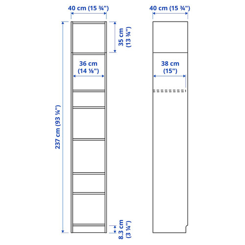 BILLY Bookcase with height extension unit, white, 40x40x237 cm