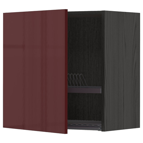 METOD Wall cabinet with dish drainer, black Kallarp/high-gloss dark red-brown, 60x60 cm