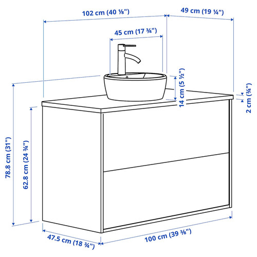 HAVBÄCK / TÖRNVIKEN Wash-stnd w drawers/wash-basin/tap, white/white marble effect, 102x49x79 cm