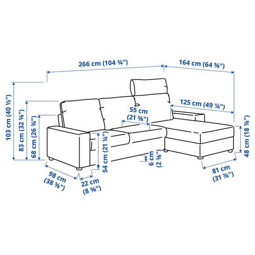 VIMLE 3-seat sofa with chaise longue, with headrest with wide armrests/Gunnared beige