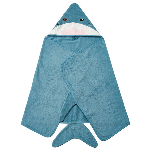 BLÅVINGAD Towel with hood, shark-shaped/blue-grey, 70x140 cm