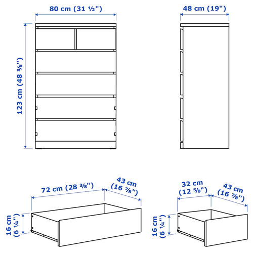 MALM Chest of 6 drawers, white stained oak veneer, 80x123 cm