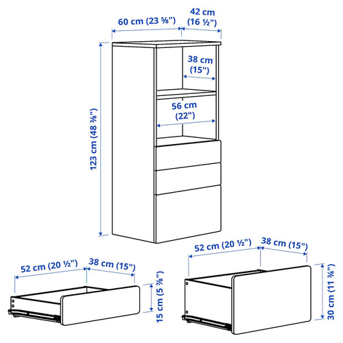 SMÅSTAD / PLATSA Bookcase, white blue/with 3 drawers, 60x42x123 cm