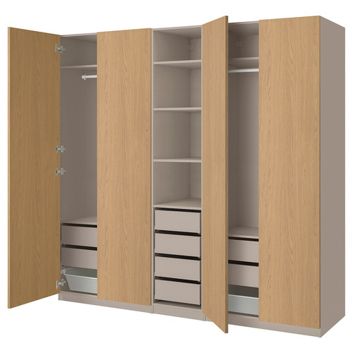 PAX / STORKLINTA Wardrobe combination, grey-beige/oak effect, 250x58x236 cm