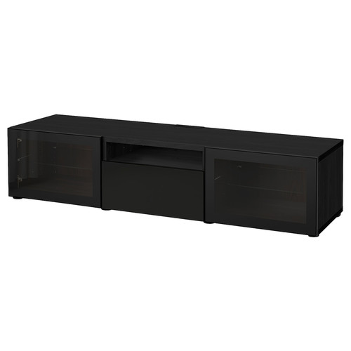 BESTÅ TV bench, black-brown/Selsviken high-gloss/black clear glass, 180x42x39 cm