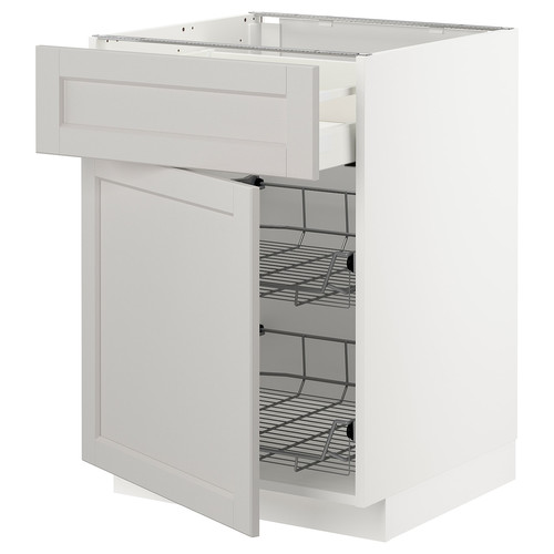 METOD / MAXIMERA Base cab w wire basket/drawer/door, white/Lerhyttan light grey, 60x60 cm