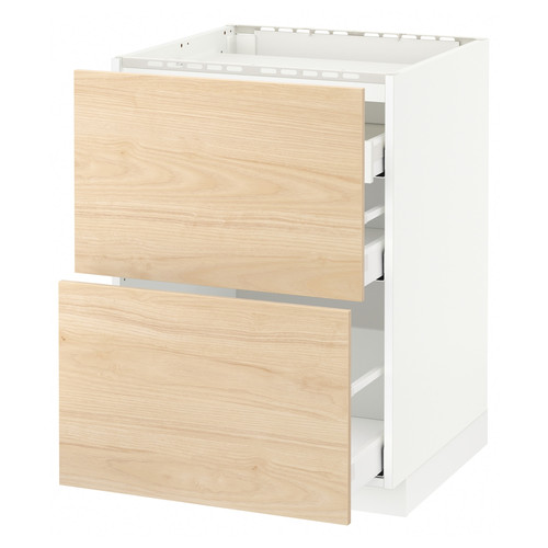 METOD / MAXIMERA Base cab f hob/2 fronts/3 drawers, white, Askersund light ash effect, 60x60 cm