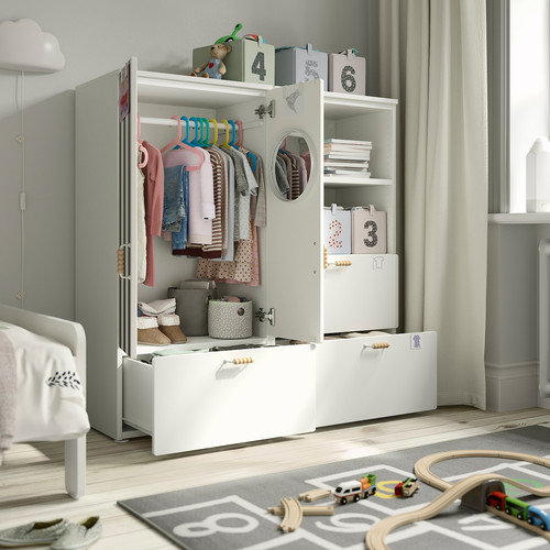 SMÅSTAD / PLATSA Storage combination, white red/stripe with 3 drawers, 120x42x123 cm