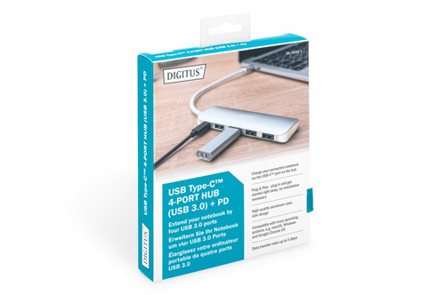 Digitus 4-Port USB-C HUB + PD 4x USB 3.0, 1x PD Charging, silver