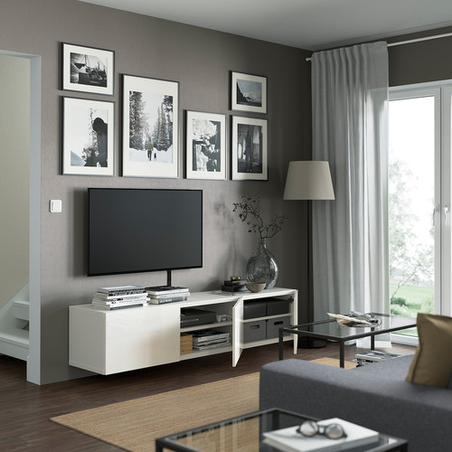 BESTÅ TV bench with doors, white, Selsviken high-gloss/white, 180x42x38 cm