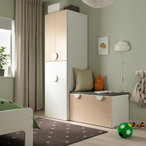 SMÅSTAD Wardrobe with pull-out unit, white birch/with storage bench, 150x57x196 cm