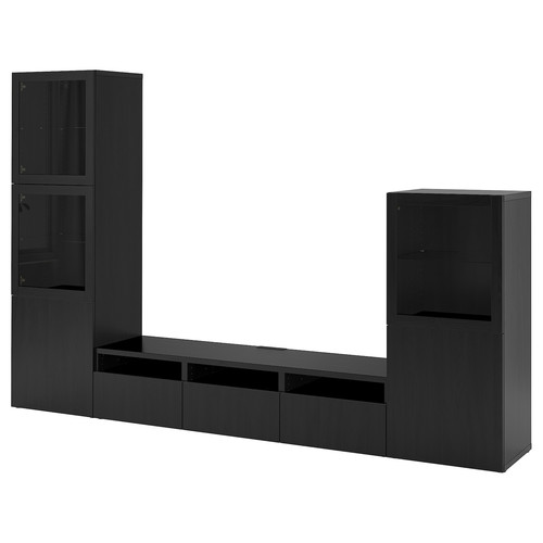 BESTÅ TV storage combination/glass doors, black-brown/Lappviken black-brown clear glass, 300x42x193 cm