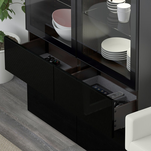 BESTÅ Storage combination w/glass doors, black-brown, Selsviken high-gloss/black, clear glass, 120x40x128 cm