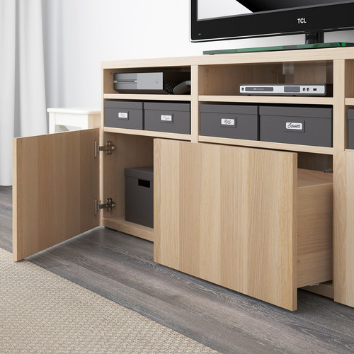 BESTÅ TV storage combination/glass doors, white stained oak effect/Lappviken white stained oak eff clear glass, 180x42x192 cm