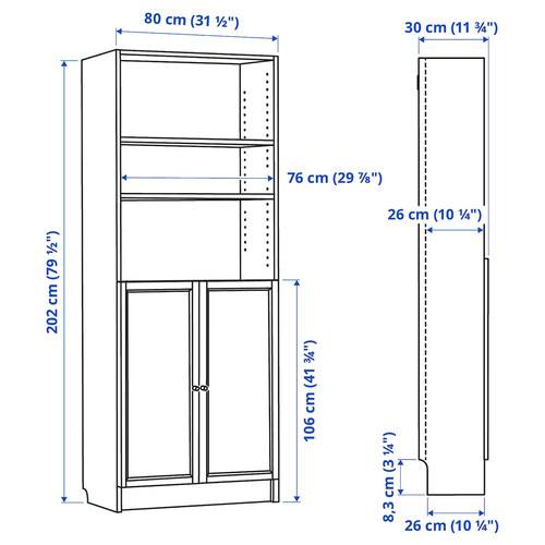 BILLY / OXBERG Bookcase with doors, brown walnut effect, 80x30x202 cm