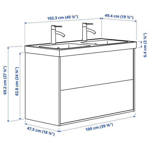 TÄNNFORSEN / ORRSJÖN Wash-stnd w drawers/wash-basin/taps, white, 102x49x69 cm