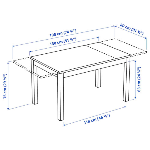 LANEBERG Extendable table, white, 130/190x80 cm