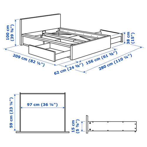 MALM Bed frame, high, w 4 storage boxes, white stained oak veneer, Luröy, 140x200 cm