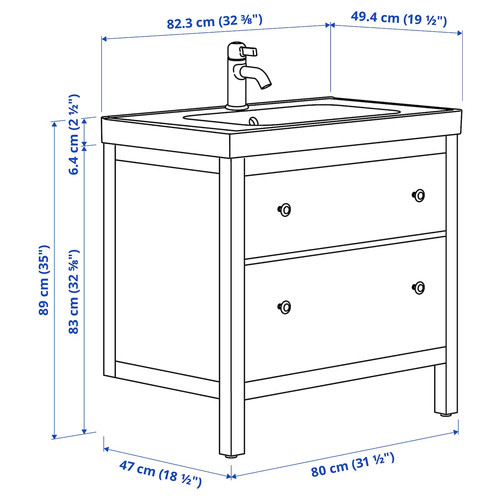 HEMNES / ORRSJÖN Wash-stnd w drawers/wash-basin/tap, white, 82x49x89 cm