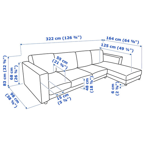 VIMLE 4-seat sofa with chaise longue, Saxemara black-blue