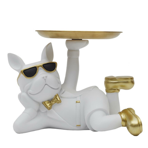 Decorative Figure Bulldog with Tray, white