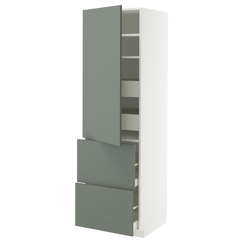 METOD / MAXIMERA Hi cab w shlvs/4 drawers/dr/2 frnts, white/Nickebo matt grey-green, 60x60x200 cm