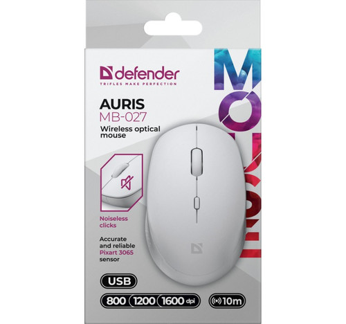 Defender Optical Wireless Mouse Silent Click Auris MB-027, white