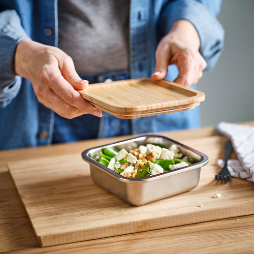 IKEA 365+ Food container with lid, square stainless steel/bamboo, 600 ml