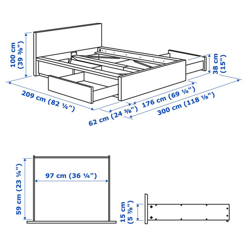 MALM Bed frame, high, w 4 storage boxes, black-brown, Luröy, 160x200 cm