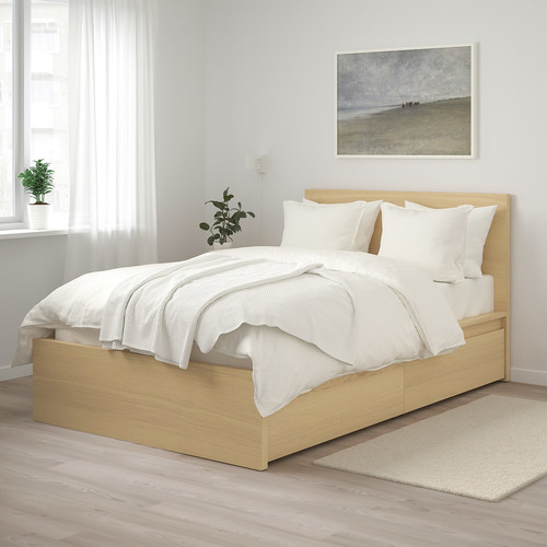 MALM Bed frame, high, w 2 storage boxes, white stained oak veneer, 120x200 cm