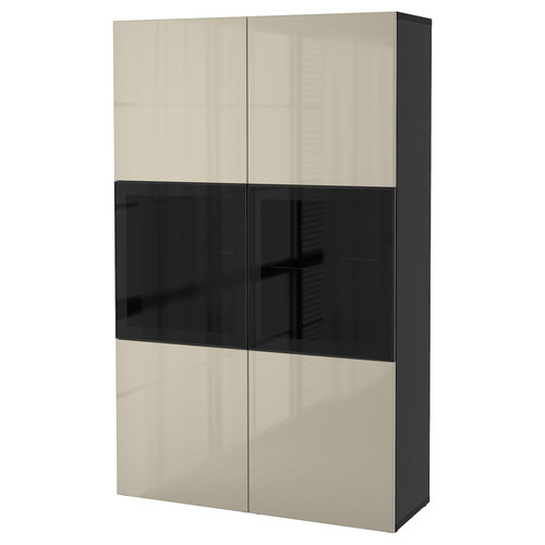 BESTÅ Storage combination w/glass doors, black-brown, Selsviken high-gloss/beige, clear glass, 120x40x192 cm